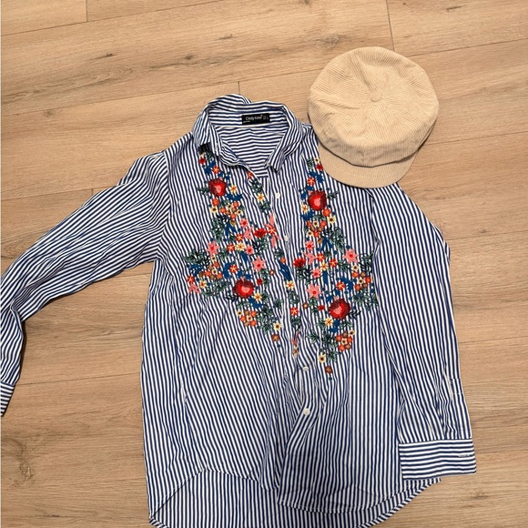 Striped Floral Embroidered Shirt with Cap - Picture 2 of 3